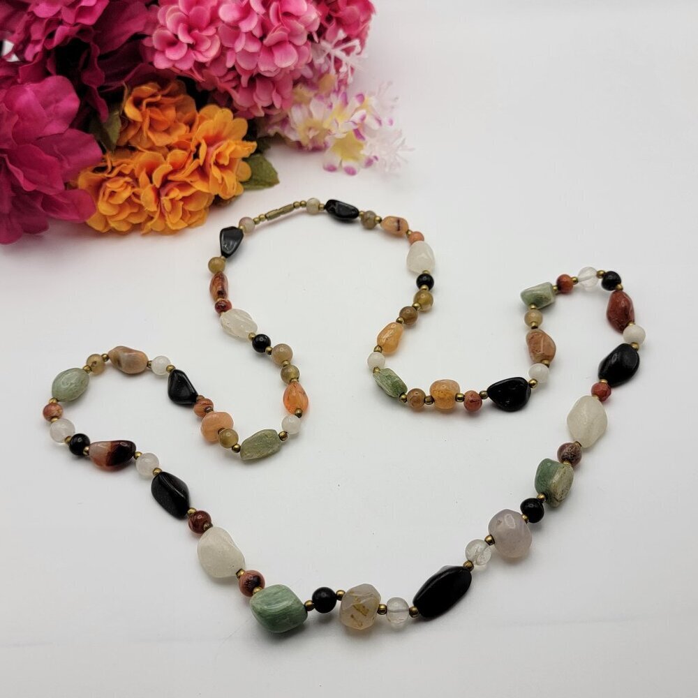 Vintage Multicolor Agate Gemstone Beaded Necklace 35"